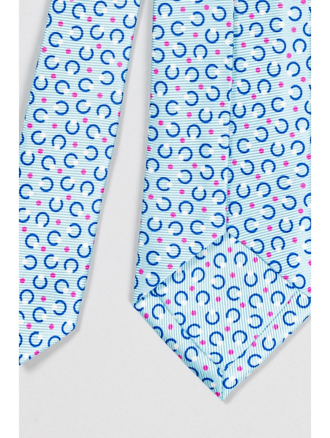 Cravatta in seta stampata con mini pois fuxia e bianchi cerchietto blu con fondo celeste