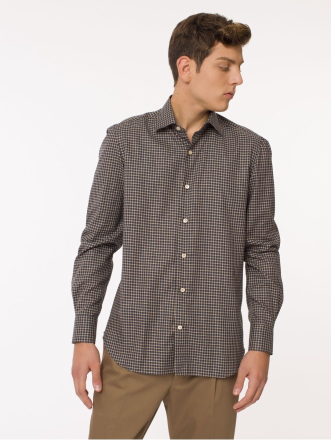 South Dakota - Casual-fit cotton shirt with beige and blue checks and long sleeves