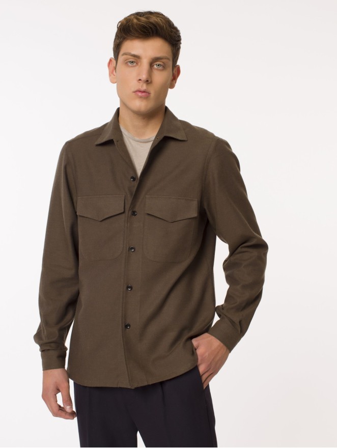 Antonio green overshirt in cotton and merino wool with pockets and long sleeves.